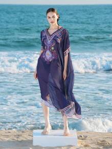 SHEIN Swim New Bohemian V-Neck Positioned Print Short Sleeve Long Pants Beach Cover-Up Outfit Women Springbreak Summer Festival Boho - Navy Blue - View 5