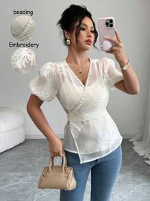 Elenzga 女士刺绣常规度假夏季衬衫 - 杏色 - 查看 1