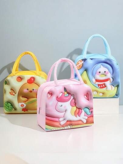 1PC Oxford Cloth Thickened Aluminum Foil Inner Layer Large Capacity Waterproof Insulated 3D Cartoon Zipper Carrying Lunch Bag, Suitable For Work, School, Picnic, Camping And Food Storage