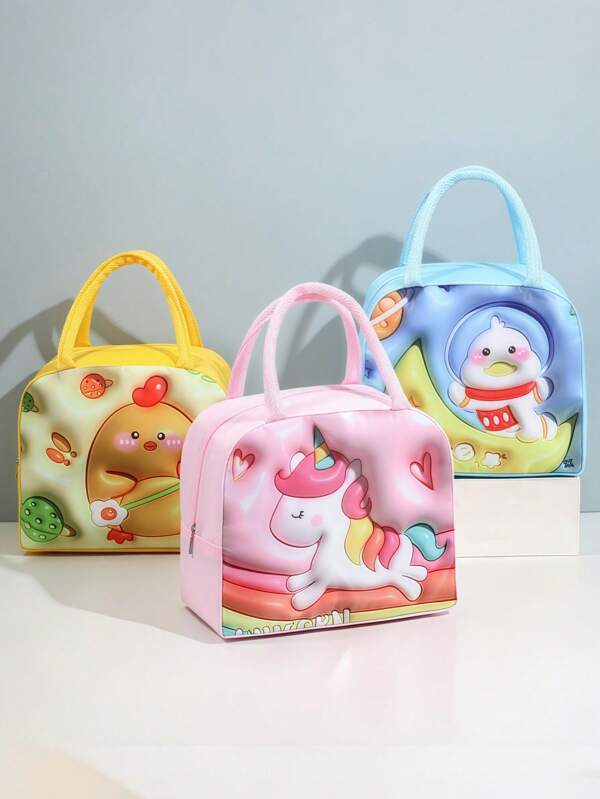 SHEIN 1 pezzo Borsa porta pranzo impermeabile isolante con strato interno in alluminio, in tessuto oxford rinforzato, con chiusura a cerniera, motivo cartoni animati 3D, adatta per lavoro, scuola, picnic, campeggio e conservazione degli alimenti