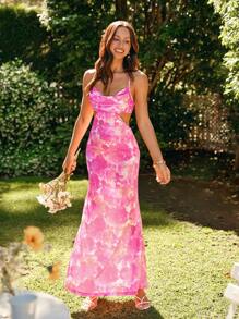 KARISMINA 女士优雅花卉印花露背连衣裙 - 淺粉色 - 查看 5