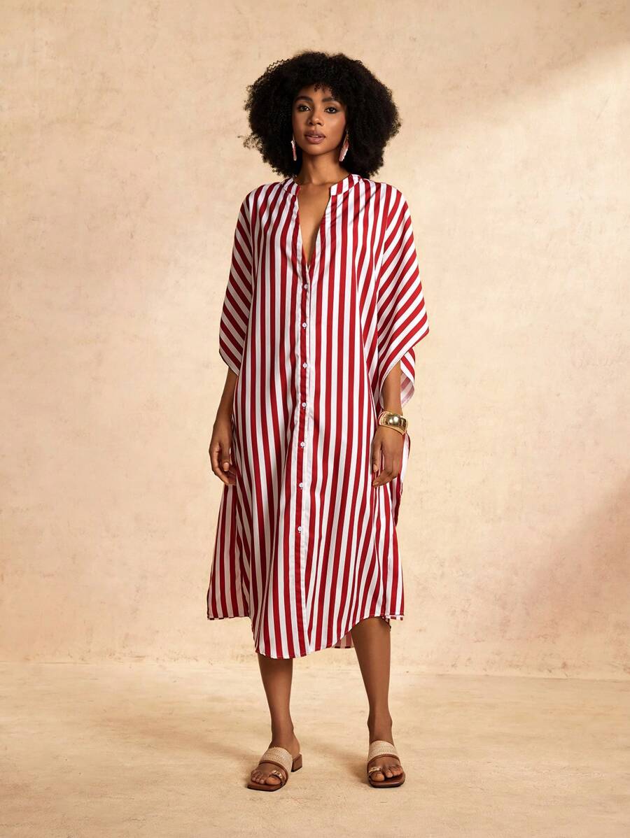 Slaydiva Vacation Casual Loose Long Design Red And White Striped Shirt Women's Dress-M - Red and White - View 1