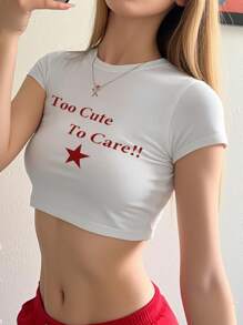 Flirla Funny Slogan Print Fitted Short Sleeve Women T-Shirt, Cute Tops, Spring/Summer