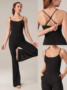 GLOWMODE 30" Modal Flex It Flare-Leg Double Strap Active Jumpsuit Bodysuit With Side Pockets Low Impact Yoga Daily Casual Removable Cups Spring Summer - Black - View 9