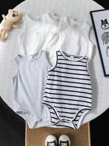 5件套新生儿男女宝宝夏季可爱针织条纹无袖连体衣，室内/室外基础叠穿套装 - 彩色 - 查看 4