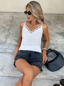Serisse 女式简约蕾丝拼接无袖休闲背心细肩带上衣 - 白色 - 查看 6