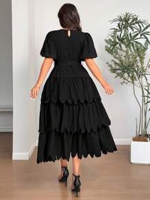 Celure Plus Size Women Puff Sleeve Ruffle Hem Tie-Waist Solid Color Long Dress, Vacation Style, Romantic,Elegant,Wedding Dress