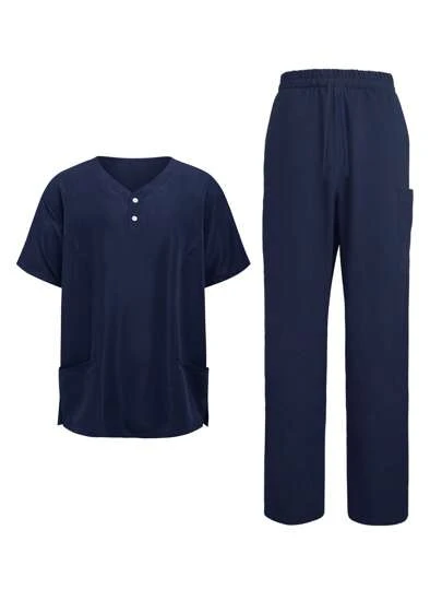 Manfinity Homme 男式纯色 V 领短袖口袋上衣和裤子医护制服套装