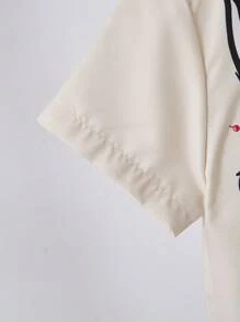 Young Boy Cartoon Print Short Sleeve Single-Breasted Casual Shirt With Attached Shorts - Khaki - View 5