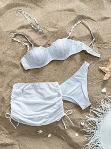 Swim Mod 3 pièces Ensemble maillot de bain nacré pour femmes : soutien-gorge à armatures à motif écossais, avec perles sur les bretelles, bas à lacets latéraux triangulaires décontractés et élégants, et mini-jupe