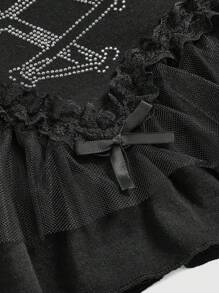 ROMWE Grunge Punk Bộ 2 trang phục lễ hội âm nhạc thời trang Y2K - Áo crop top ren tương phản đính đá & chân váy ngắn cạp trễ dành cho nữ - màu đen - Xem 7