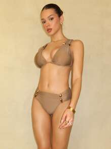 Swim Chiccia 2pcs/Set Women New Solid Color Tie Strap Women Beach Clothing Bikini Set, Spring Break Summer Outfit, Festival Boho - Khaki - View 4