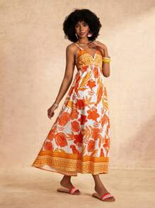 Slaydiva New Casual Floral Print Sleeveless Long Dress - Orange, Spring/Summer - Yellow - View 6