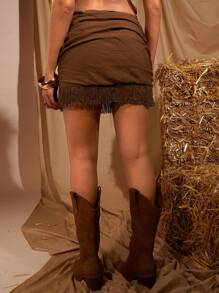 COSMINA 女士棕色流苏低腰半身裙，节日，节日，西部风，波西米亚风，春夏 - 棕色 - 查看 2