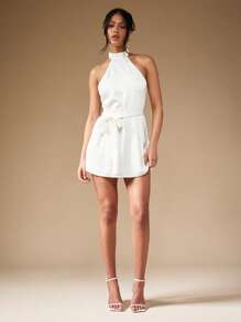 MISSGUIDED Halter Polo Neck Mini Dress With Bow Detail Cute Sundress - White - View 4