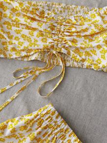 Flirla Conjunto de 2 piezas de talla grande, blusa corta con hombros descubiertos y cordón, y falda corta con estampado floral ditsy, para primavera/verano - Amarillo - Ver 3