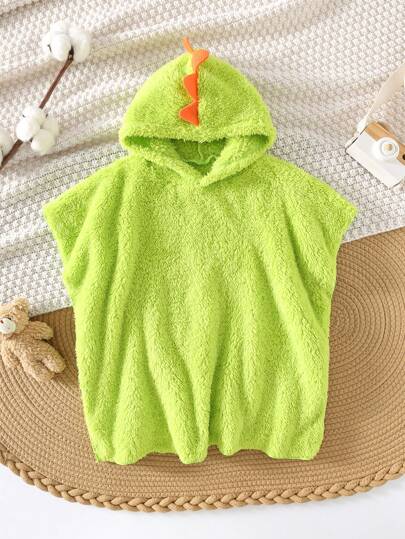 SHEIN 男婴休闲夏季海滩度假可爱绿色毛绒恐龙设计连帽泳衣罩衫，适合海滩、泳池、水疗度假村