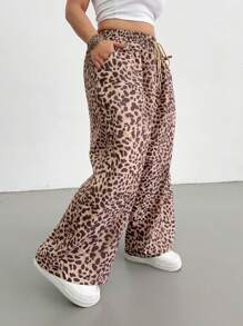 Flirla Plus Size Women Leopard Print Drawstring Waist Loose Straight Leg Pants, Western Wear - Multicolor - View 4