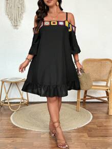 Breezaya Plus Size Women's Black Bohemian Crochet Lace Off Shoulder Spaghetti Strap 3/4 Sleeve Ruffle Hem Slim Knee-Length Dress, Spring/Summer