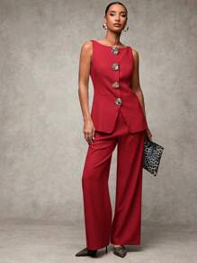 SHEIN BAE Elegant Commuter Solid Color Vest & Pants Suit In Fall/Winter - Red - View 3