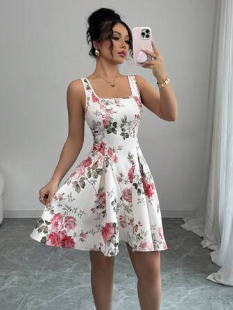 Rafferiza Kvinnors Casual Holiday fyrkantig hals ärmlös klänning med osynlig dragkedja baktill, blommönster