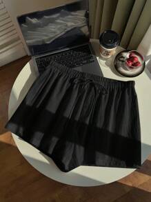 SHEIN EZwear Plus Size White Textured Tied Waist Casual Shorts, Spring/Summer - Black - View 11