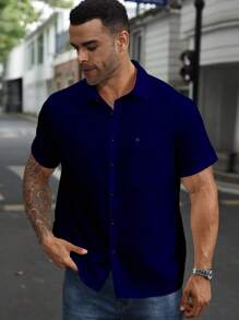 Manfinity Homme Plus Size Men's Casual Versatile Solid Color Shirt, Dark Blue Shirt Men