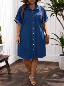 SHEIN LUNE 大码休闲度假前扣蝙蝠袖牛仔连衣裙