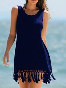 Swim Vcay Women's Solid Color Crew Neck Sleeveless Fringe Hem Cover Up Dress, Suitable For Holiday