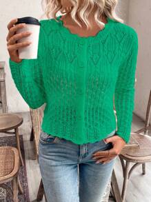 Chiquease Women Hollow Front Button Cardigan, Round Neck Knitted Sweater Jacket For Autumn/Winter Fall Cloth For Women