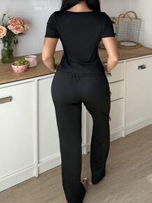 Casual Bow Accent Short Sleeve Top & Pants 2 Pieces Pajama Set For Women, Lounge Outfit