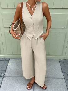 Easowa Conjunto de 2 piezas de chaleco y pantalones de tweed estilo oficina, estilo de dinero antiguo para mujer - Albaricoque - Ver 7