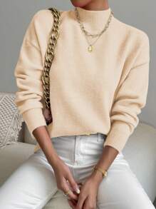 SHEIN LUNE 女式纯色立领落肩长袖套头衫，秋冬