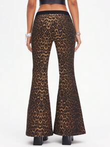 SHEIN ICON Women's Simple Leopard Print Panel Lace-Up Flare Leg Casual Jeans - Multicolor - View 2