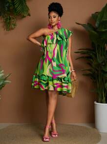 Maweii 大码女式印花荷叶边不对称吊带无袖 A 字形连衣裙