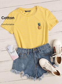 SHEIN EZwear Summer Outfits Embroidery Pineapple Striped Tee - Yellow - View 1
