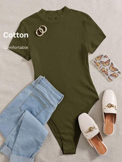 SHEIN EZwear Solid Color Ribbed Knit Short Sleeve Bodysuit