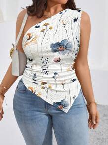 SHEIN Clasi Plus Size Women Boho Floral Printed Unique One-Shoulder Top, For Summer - Multicolor - View 3
