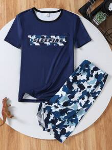 2pcs Set Men's Snug Fit Letter Print Slim Fit Short Sleeve Top And Camouflage Shorts, Homewear - Navy Blue - View 4