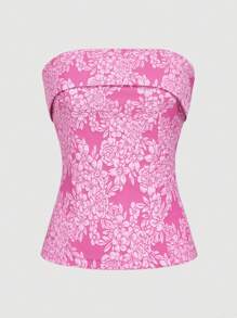 SHEIN Privé Women's Elegant Commuter Style Work Texture Fabric Flower Floral Mesh Corset, For Parties And Dates,Summer Top,Short Top,Pink Top,Vacation Outfits,Tube Top,Woman Summer Outfits,Texture Fabric,For Valentine's Day And Concert