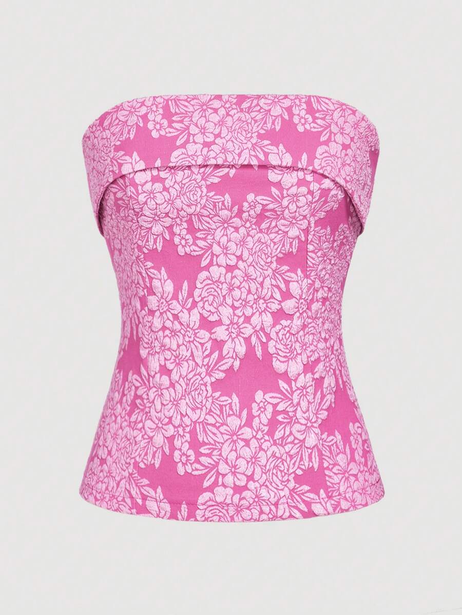 SHEIN Privé Women's Elegant Commuter Style Work Texture Fabric Flower Floral Mesh Corset, For Parties And Dates,Summer Top,Short Top,Pink Top,Vacation Outfits,Tube Top,Woman Summer Outfits,Texture Fabric,For Valentine's Day And Concert