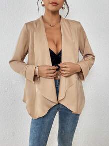 SHEIN Clasi Women's Khaki Asymmetrical Open Front Draping Long Sleeve Coat - Khaki - View 3