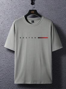 Manfinity Homme 男士休闲简约字母印花短袖 T 恤，男士 T 恤，男士 T 恤，男士 T 恤 - 淺灰色 - 查看 3