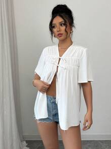 SHEIN Unity 女士百搭休闲 V 领系带宽松纯色短袖衬衫 - 白色 - 查看 6
