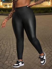 Plus Size Women Asymmetrical Hollow Design Elastic Skinny Black Coated Leggings Fall Cloth For Women - Black - View 5
