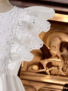 SHEIN Tween Girls Embroidered Ruffle Hem Cute Dress - White - View 3