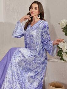 Al Najma Elegant Patchwork Dubai Abaya Kaftan Jalabiya Dress - Purple - View 1