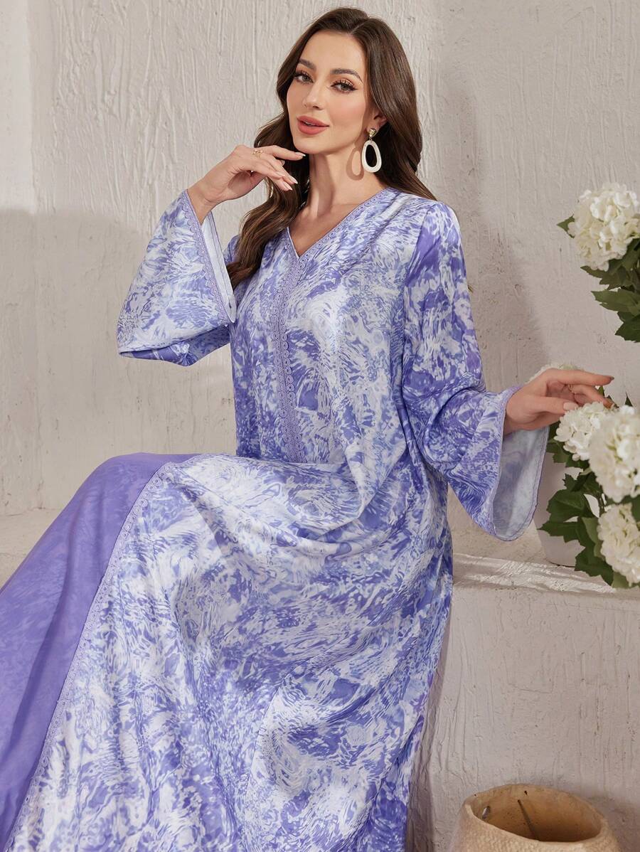 Al Najma Elegant Patchwork Dubai Abaya Kaftan Jalabiya Dress - Purple - View 1