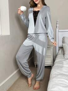 灰色深 V 蕾丝边二合一长袖连体裤 - 灰色 - 查看 5