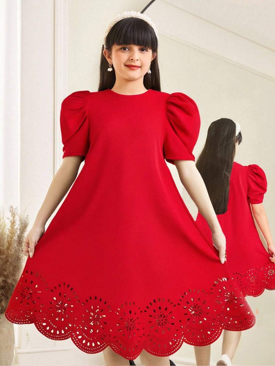 SHEIN 青少年女孩 V 领羊腿袖不对称下摆扎染休闲连衣裙 - 紅色 - 查看 1